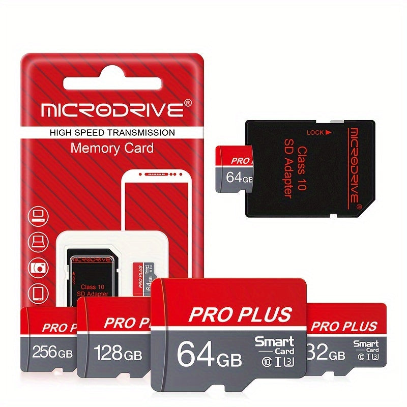 High-speed Class 10 U3 Microdrive Pro Plus Memory Card in red and gray, available in sizes 4GB to 256GB, offers reliable performance for smartphones, tablets, and more.