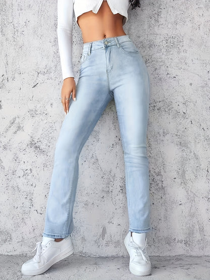 Women's Stretch High-Waisted Straight-Leg Jeans - Light Blue Distressed Denim with Functional Pockets, Half-Button Placket & Invisible Zipper, Versatile Streetwear Style