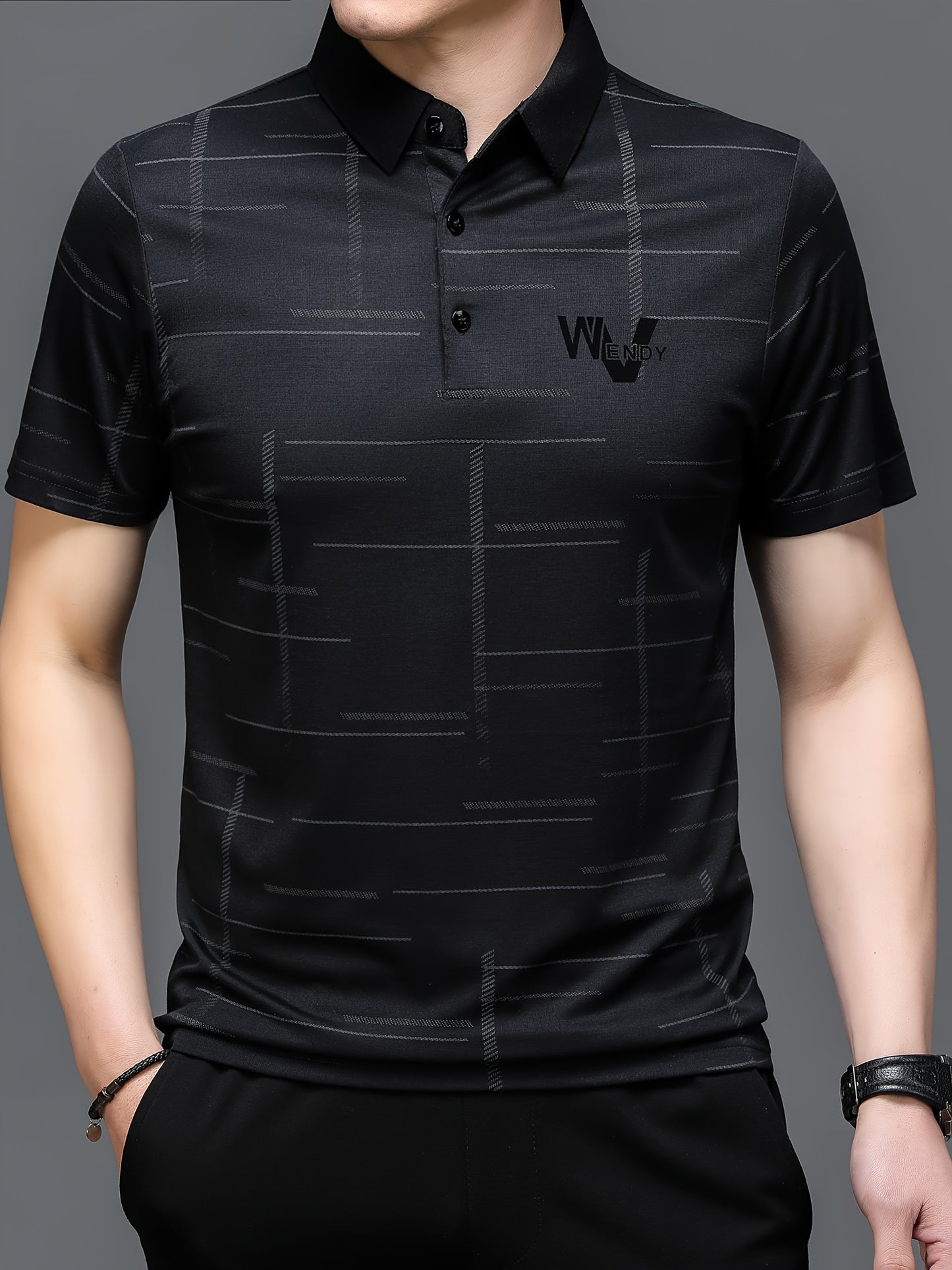 Men's sports shirt with irregular stripe pattern, alphabet print, lapel collar, short sleeves, and suitable for summer outdoor activities.