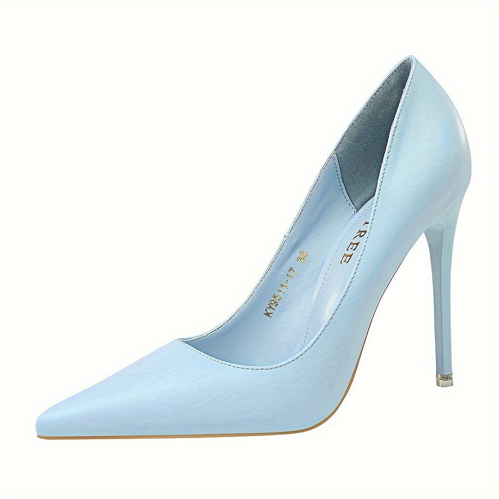 Women's elegant stiletto heels in solid color with point toe, slip-on design for parties.