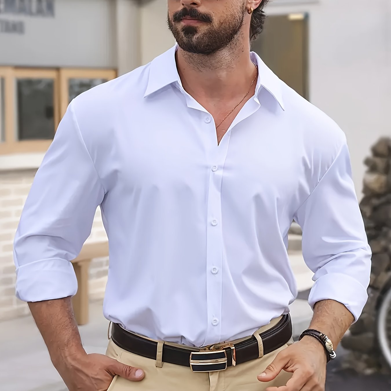 Men's Elegant Long Sleeve Button-Up Shirt made of casual polyester, non-stretch fabric for business and spring/fall.