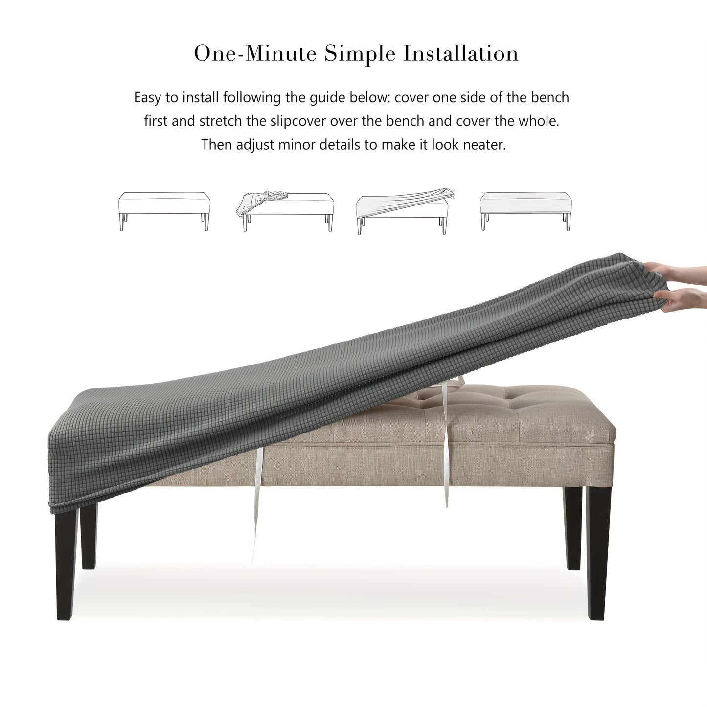 Stretchable teal corn velvet bench cover with elastic band for easy one-minute installation. Modern style and machine washable for home decor.