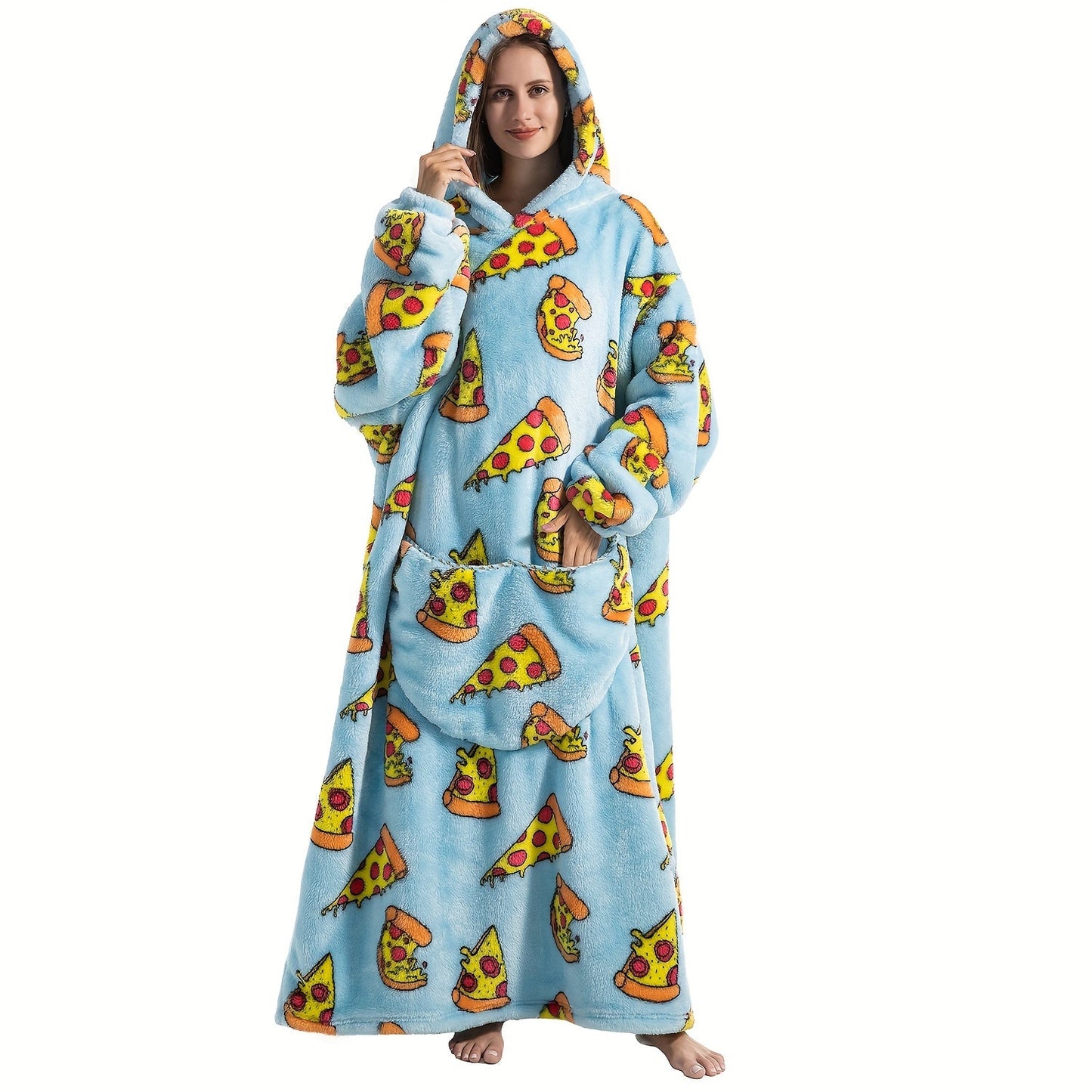 Super warm and cozy fleece oversized hoodie blanket with sleeves for adults. This wearable blanket hoodie features a giant pocket and is perfect for staying extra warm on cold days. Makes a great gift for women, men, and moms.