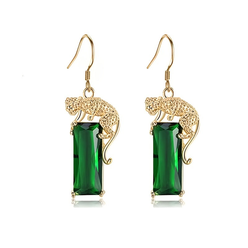 Green zirconia inlaid rectangle leopard design copper jewelry set that includes 1 pair of dangle earrings, 1 necklace, and 1 bracelet - a unique and stylish personality gift.