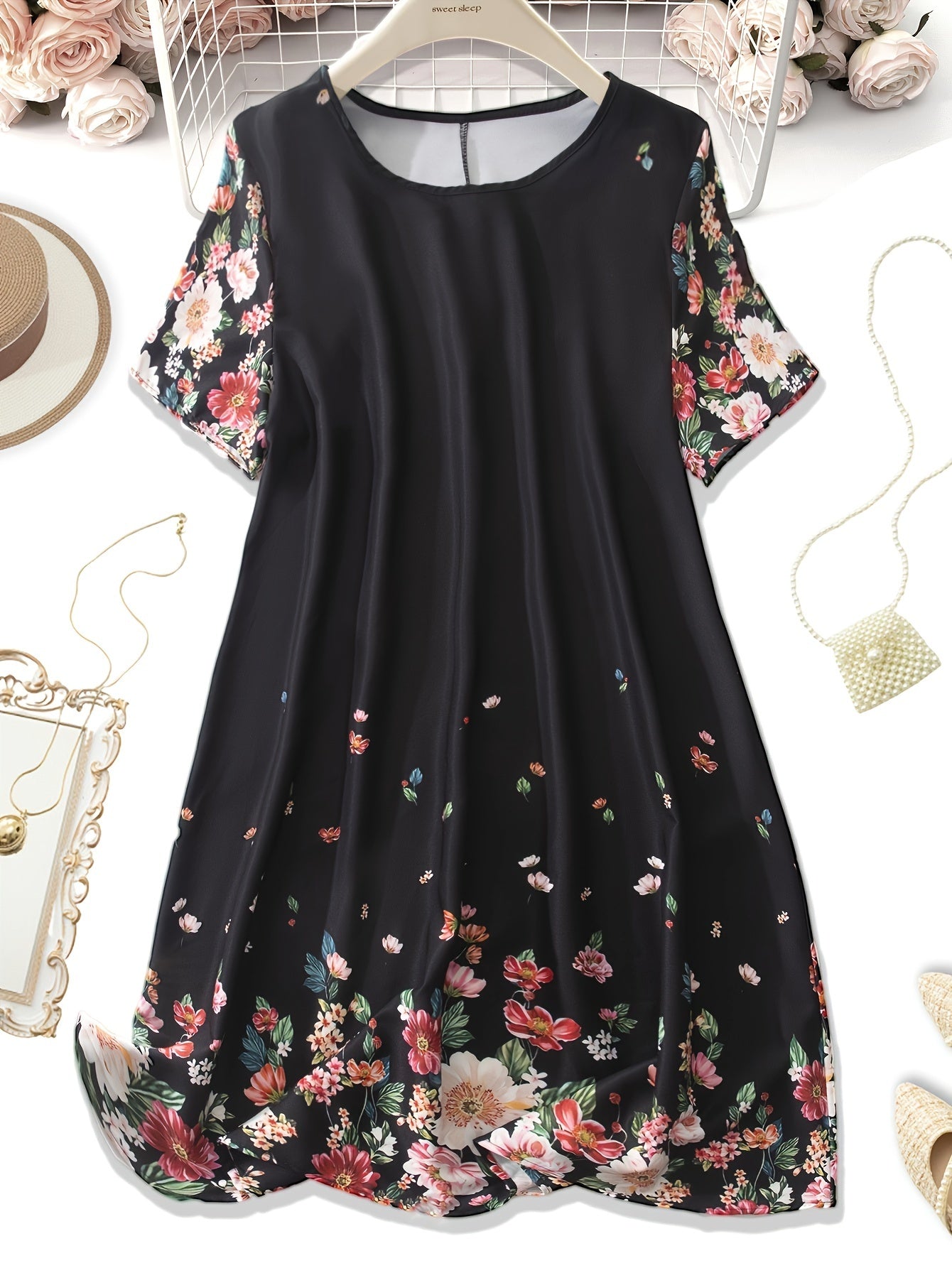 Plus Size Floral Print Loose Dress for Spring & Summer - Women's Casual Short Sleeve Clothing