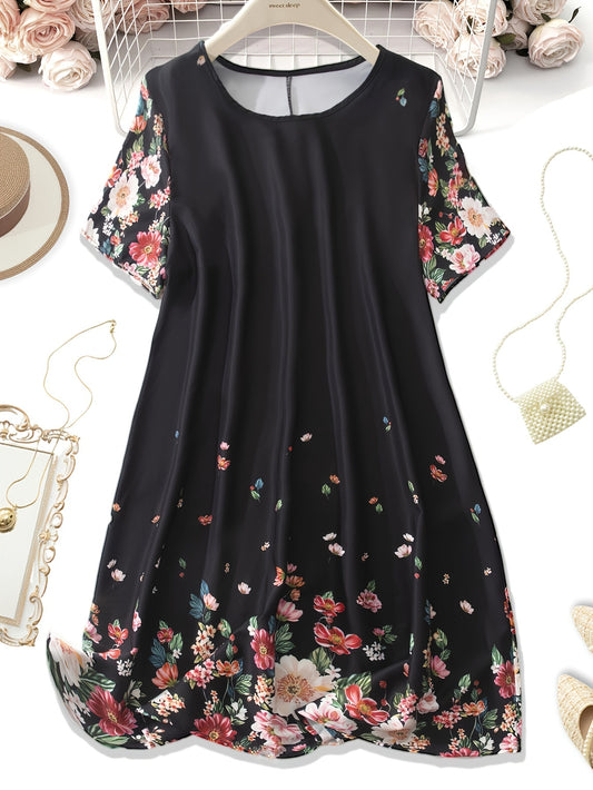 Plus Size Floral Print Loose Dress for Spring & Summer - Women's Casual Short Sleeve Clothing