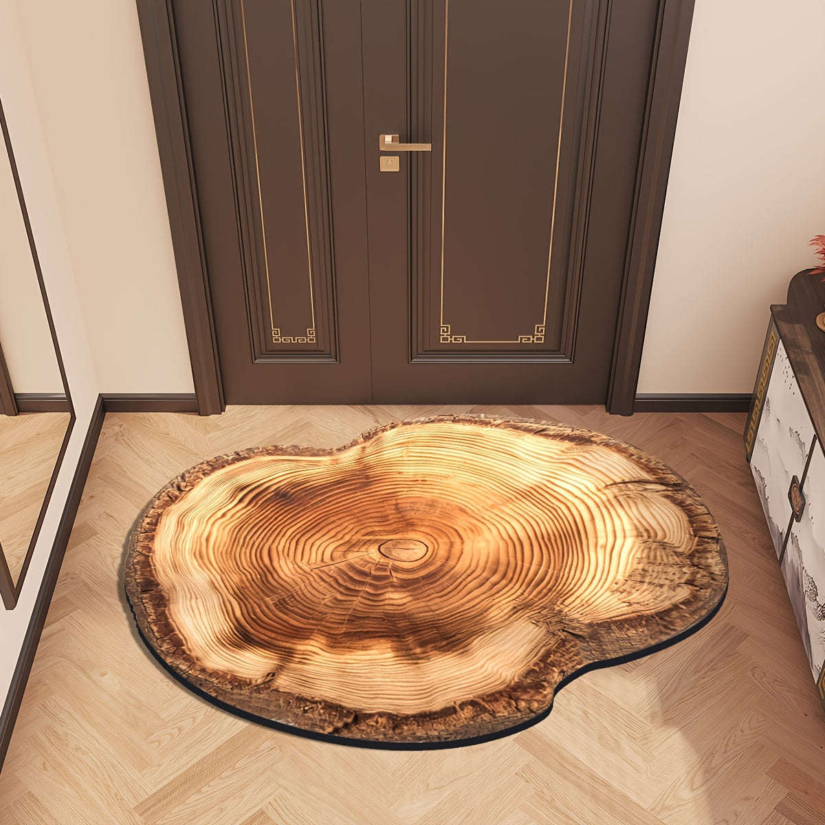 Wood Grain Tree Ring Design Indoor Doormat featuring a non-slip rubber backing for added safety. This decorative floor mat is made from machine-made polyester and is hand-washable. The low pile entry rug is flame resistant, making it perfect for use in