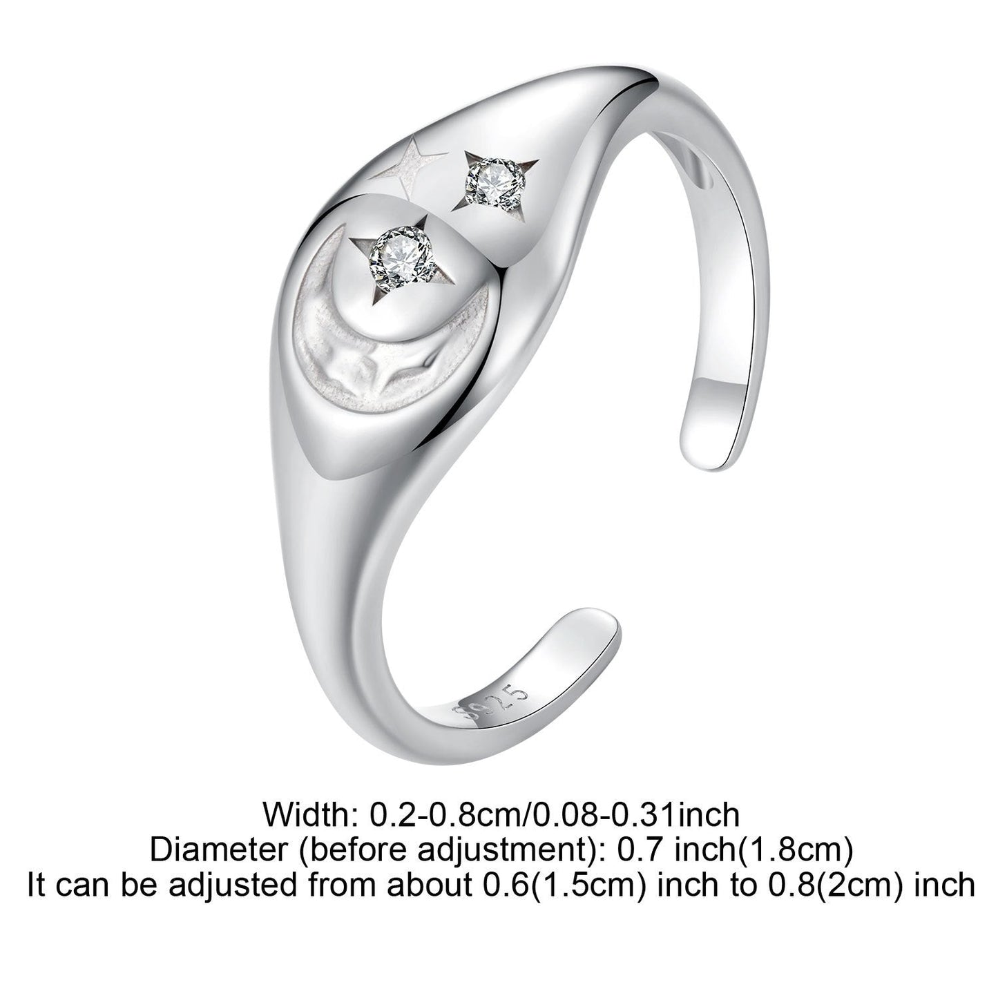 This classy women's open ring features a star and moon design, embellished with synthetic zirconia stones, set on 925 silver. Weighing 2.9g, it is perfect for parties, weddings, or daily wear, and makes a wonderful gift option.