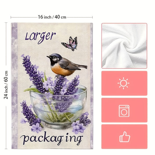 Pair of ultra-soft lavender kitchen towels adorned with birds and butterflies in purple hues. These highly absorbent towels are perfect for holiday decor and are machine washable. Each towel measures 40.64x60.96 cm.