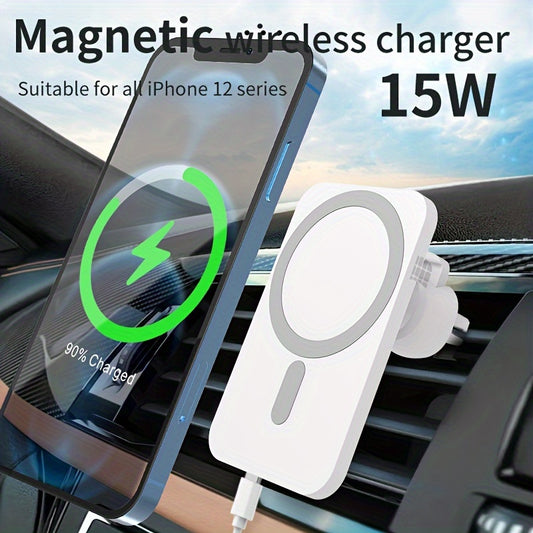 15W Universal Fast Charging Magnetic Wireless Car Phone Holder for iPhone 12-16 with strong suction and single touch installation on car air outlet.