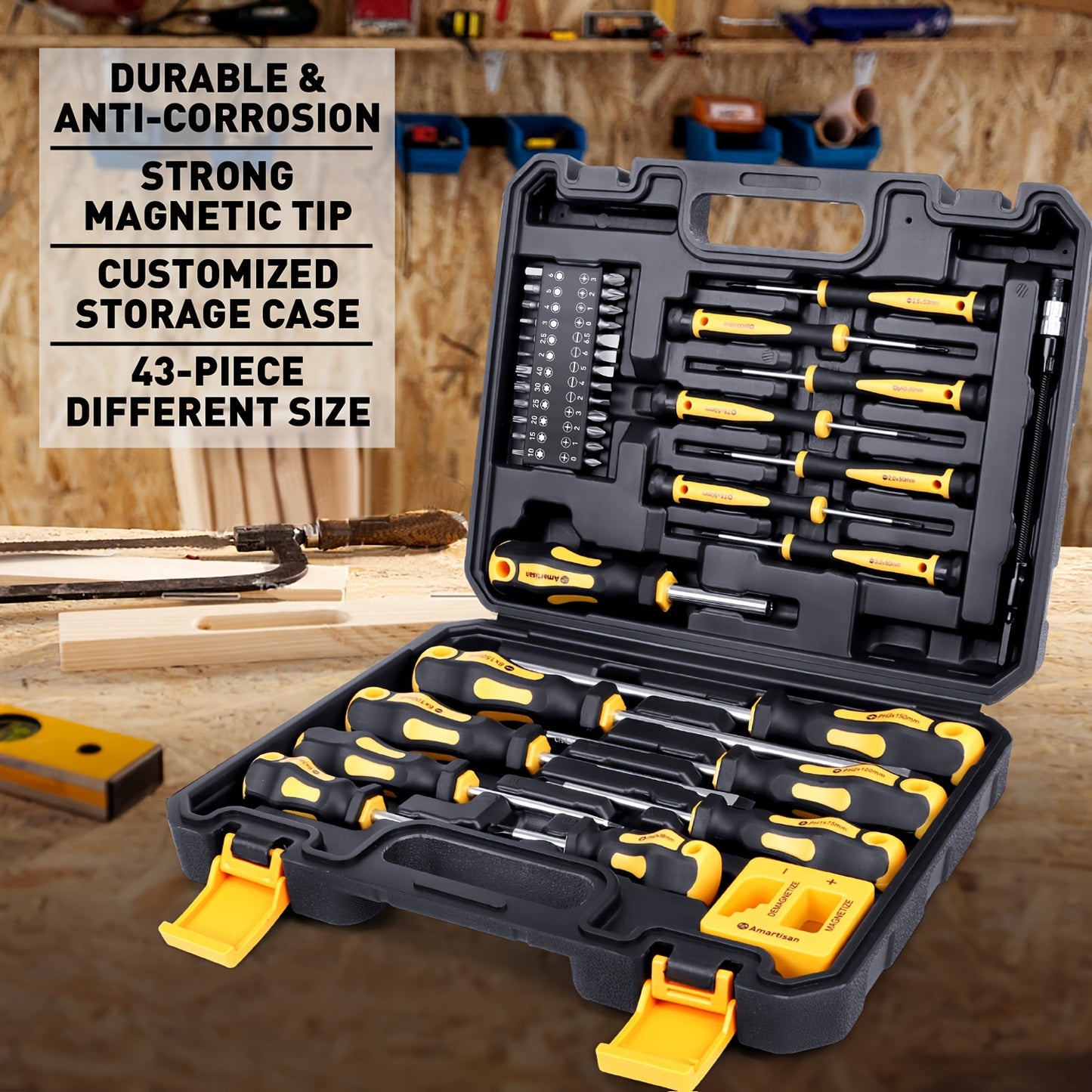 AMARTISAN Magnetic Screwdriver Set with 43 pieces in Black and Yellow, made of Chrome Vanadium Steel. Includes various types of screwdrivers and magnetic demagnetization tools. No battery