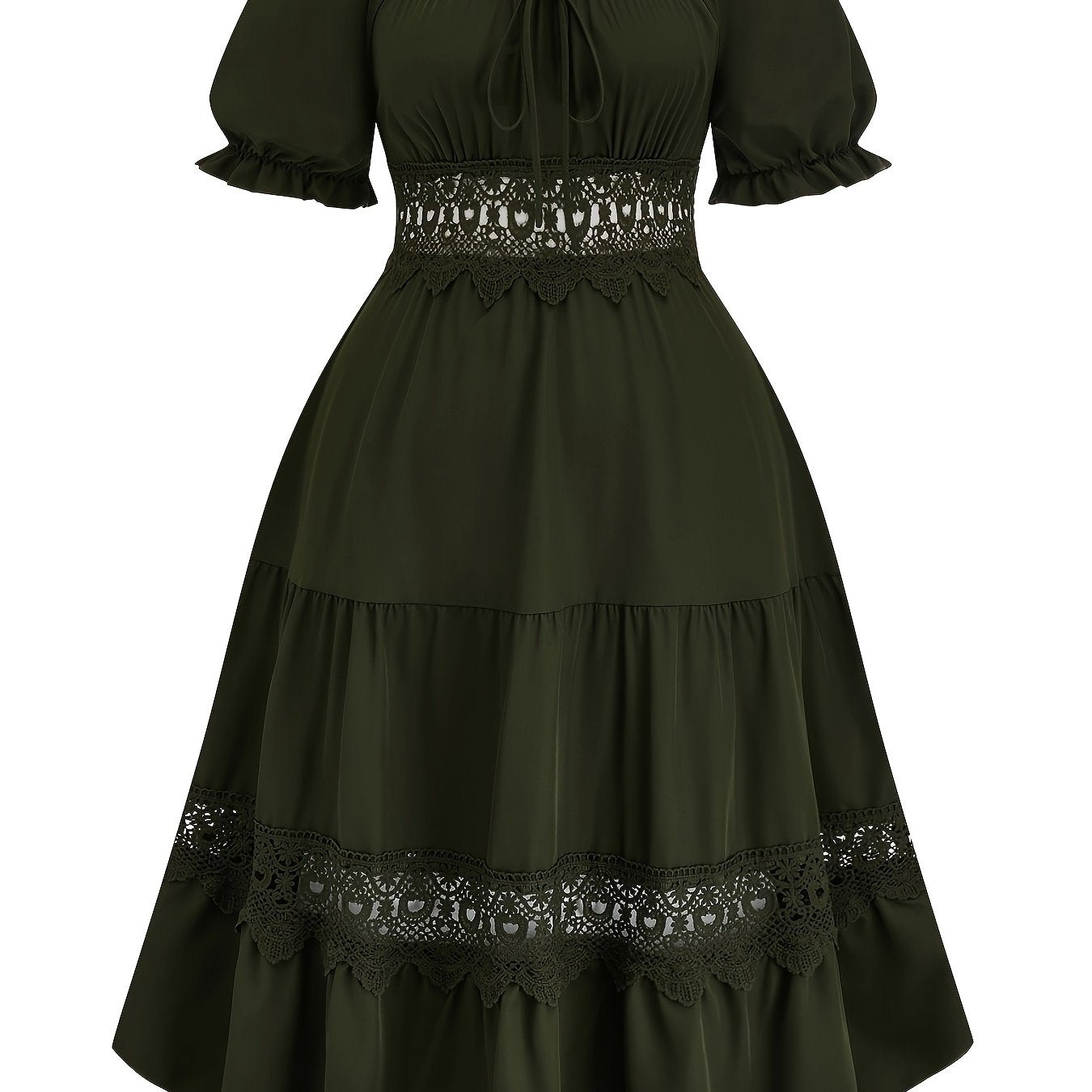 Stylish V-Neck Midi Dress with Lace Detail - Short Sleeve, Polyester & Spandex Blend, Ideal for Spring/Summer/Fall