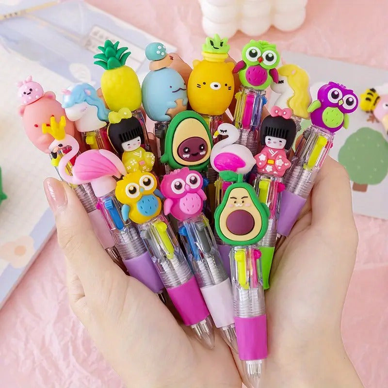 Pack of 12 cute retractable round ballpoint pens with medium tip, ergonomic design, PVC material, and various cute designs. Ideal for school and office supplies.