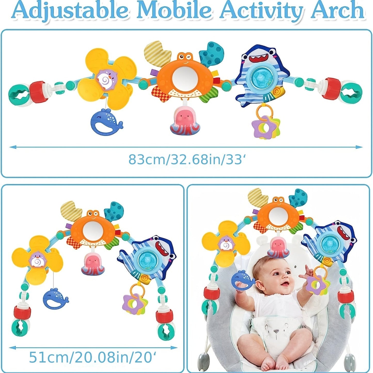 Adjustable Stroller Arch Carseat Toy for Infants: Sensory Travel Activity Toy for Babies 0-12 Months - Bouncer Crib Toy for Infants 0-24 Months