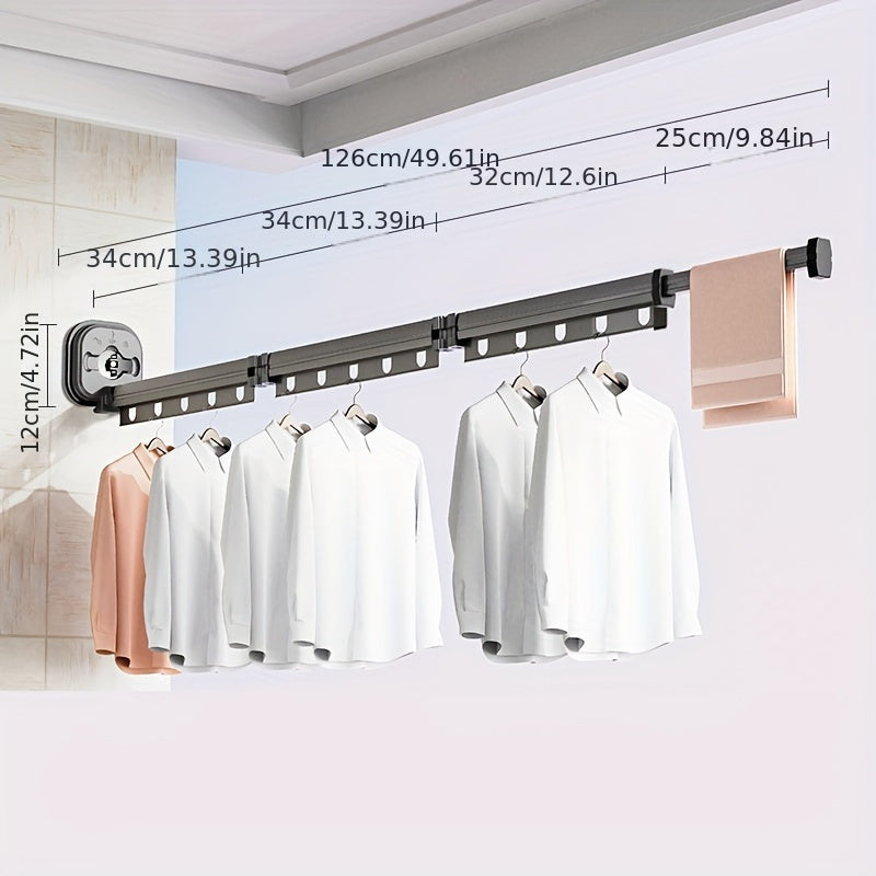 1pc Expandable Metal Clothes Drying Rack with Suction Cups, Foldable and Detachable Wall-Mounted Laundry Hanger, Telescopic Pole for Home or Outdoor Use.