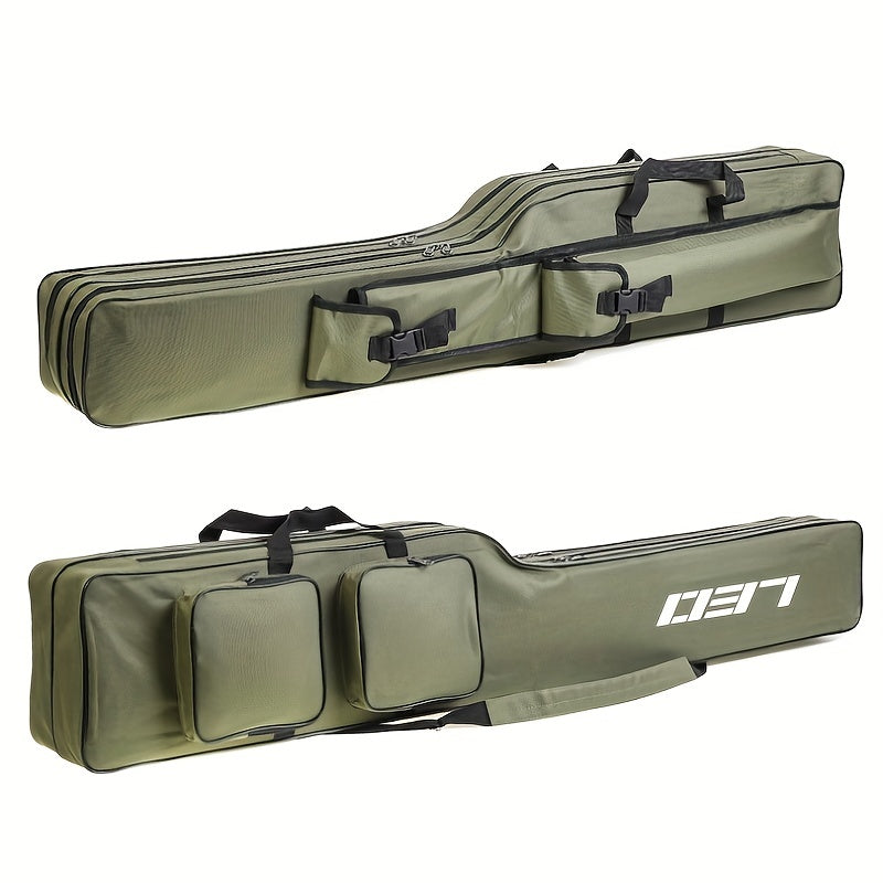 130cm/4.27ft Portable fishing rod and reel organizer. Two-layer durable Oxford storage bag for travel fishing gear.