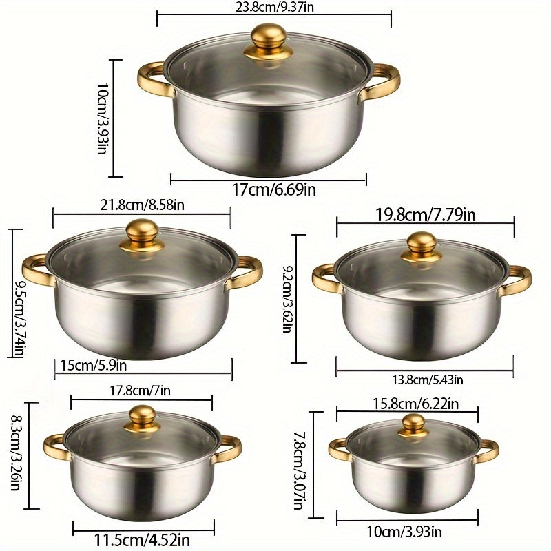 Upgrade your kitchen with the ITechjoy 10-piece Stainless Steel Cookware Set, complete with matching lids for each pot. This versatile set is perfect for soups, stews, noodles, and more. With a durable construction and induction compatibility, these