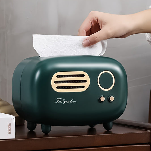 Vintage Green Radio-Style Tissue Box Holder with Golden Accents featuring "Faily Love" Design. Made of durable plastic, perfect for any room. Great gift for Valentine's Day or school supplies. Cute addition to any space.