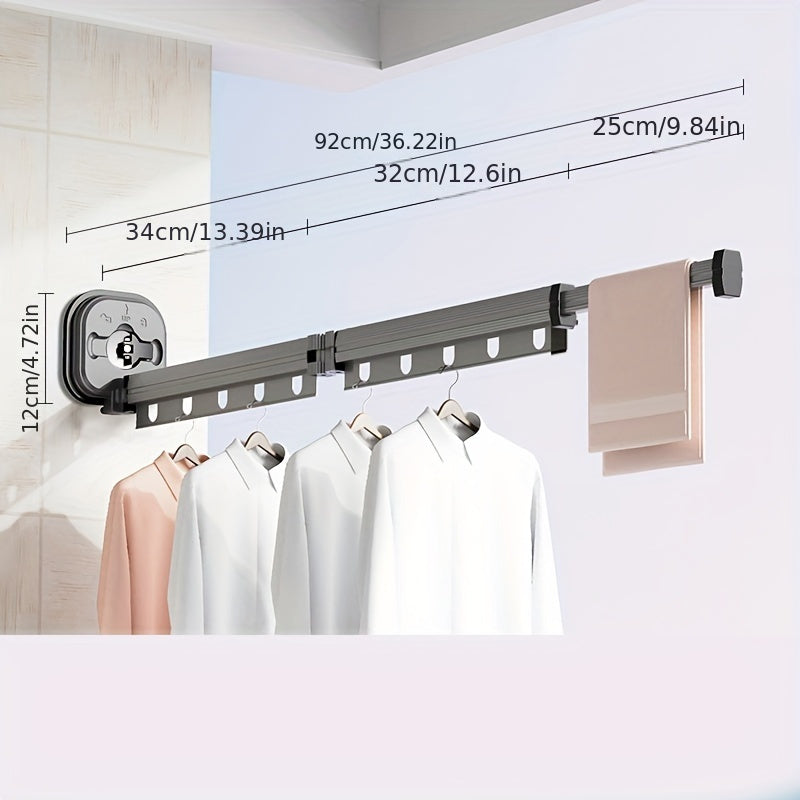 1pc Expandable Metal Clothes Drying Rack with Suction Cups, Foldable and Detachable Wall-Mounted Laundry Hanger, Telescopic Pole for Home or Outdoor Use.