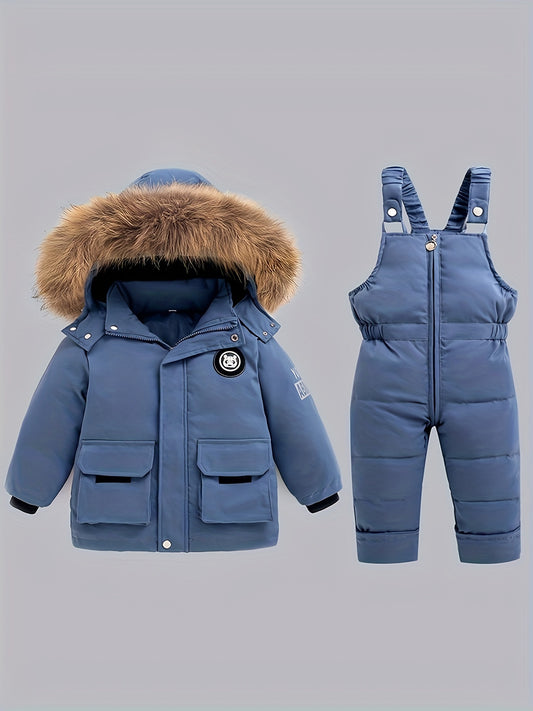 Kids' Winter Warmth Set: Hooded Jacket & Overalls - Cozy Polyester, Zip-Up, Non-Stretch, Letter Print, Long Sleeve, Regular Fit for Boys & Girls - Ideal for Skiing & Outdoor Play