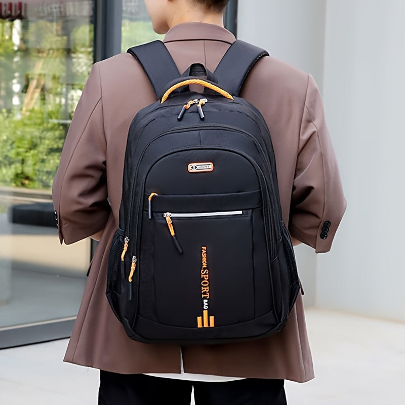 Men's high-capacity nylon backpack with casual style, suitable for travel and school. Fashionable and practical for high school and college students. Features zipper closure with random