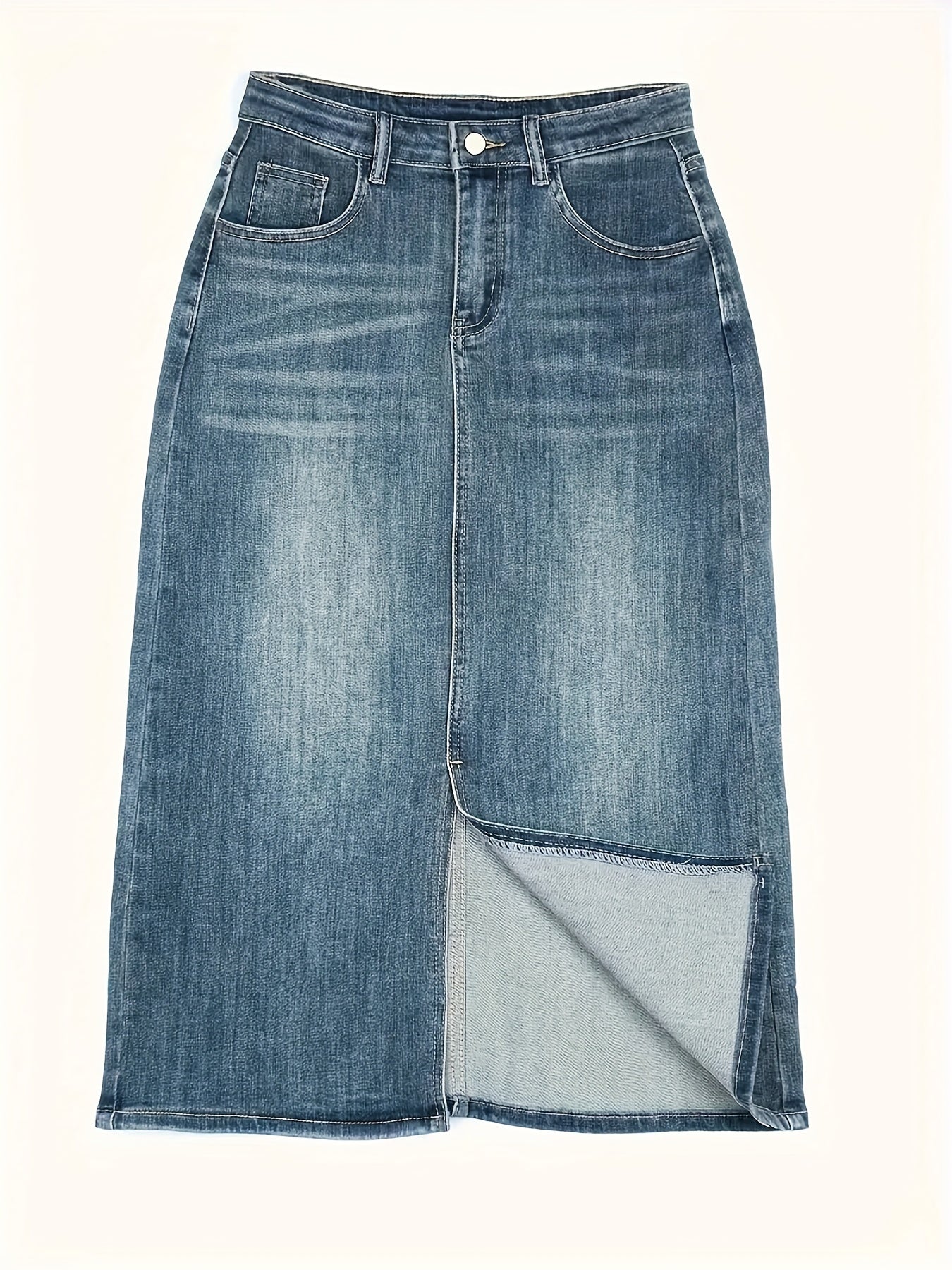 Classy high-waist denim midi skirt with split - stretchy, non-see-through, machine washable - ideal for all seasons.