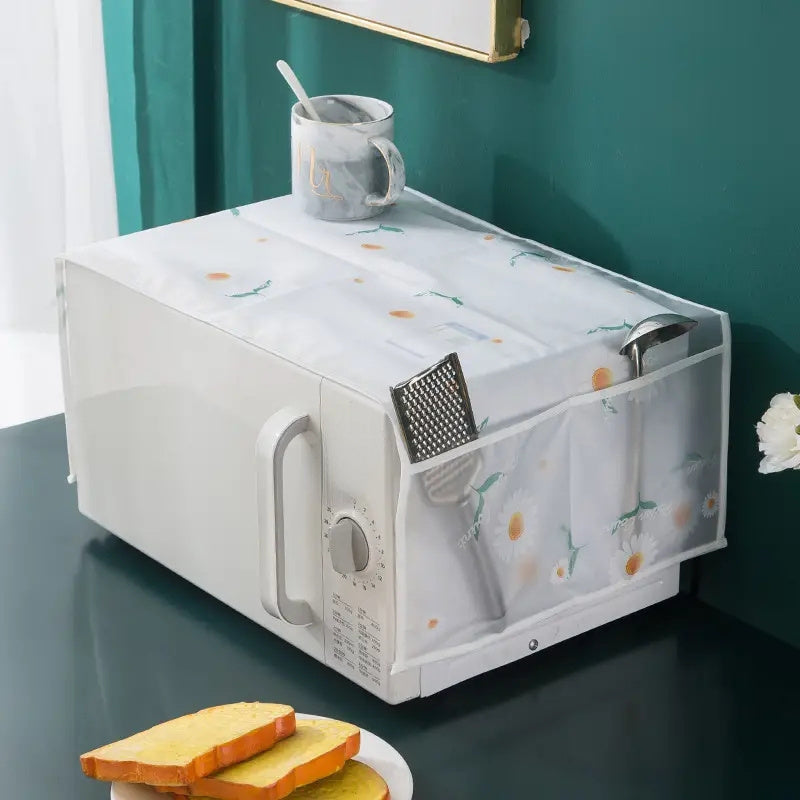 White Cartoon Pattern Kitchen Appliance Protector with Side Storage Pockets for Microwave - PVC Dust Cover