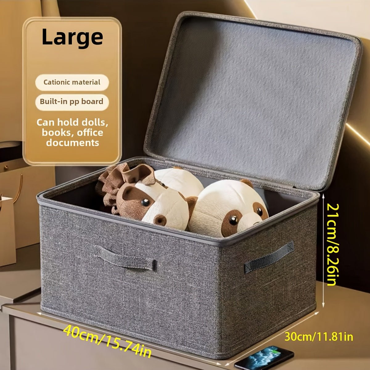 Collapsible storage box with zipper lid and handles, ideal for organizing clothes in the wardrobe.