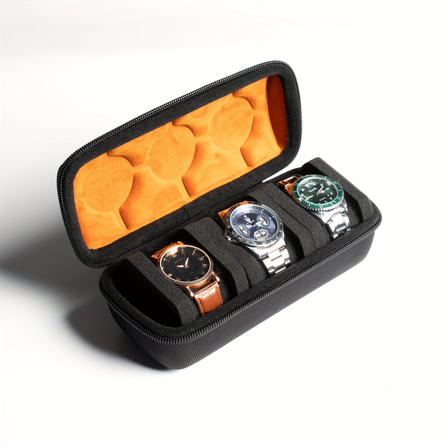 Perfect for gift-giving, this sleek black fabric watch travel case features 3 slots, a watch roll case storage, and organizer for men and women. Complete with anti-move watch pillow, it ensures your timepieces are safe and secure while on the go. An