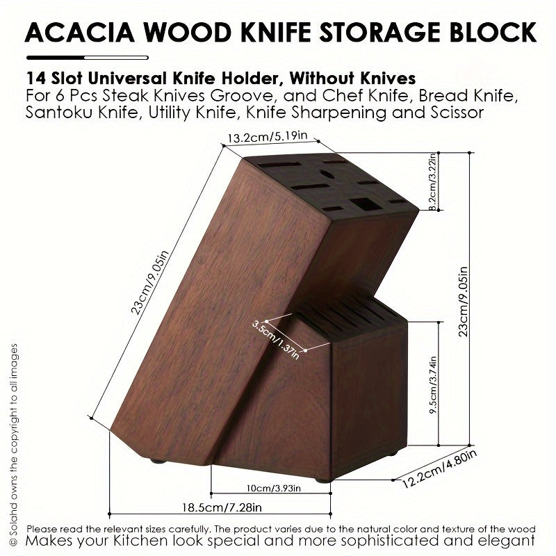 The perfect gift for any occasion - Acacia Wood Knife Block with 14 slots to hold all your essential knives including 6 steak knives, chef knife, bread knife, santoku knife, utility knife, and even space for knife sharpening and scissors. This countertop