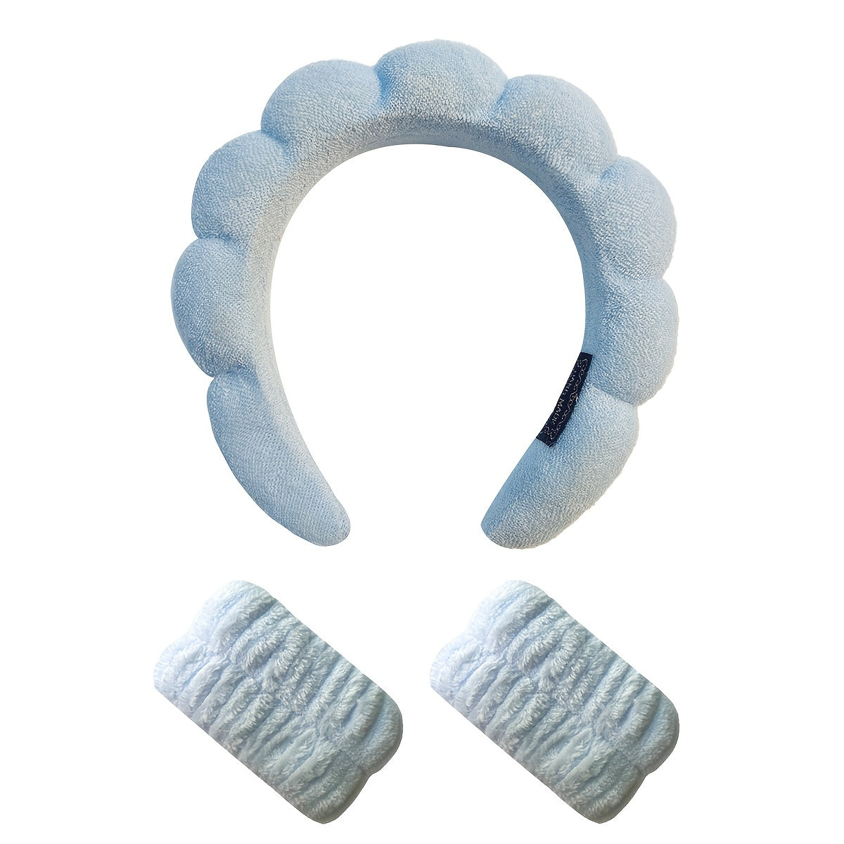 Set of three soft sponge hair hoops with wrist strap towels, perfect for skincare, face wash, and hydrotherapy headbands for women.