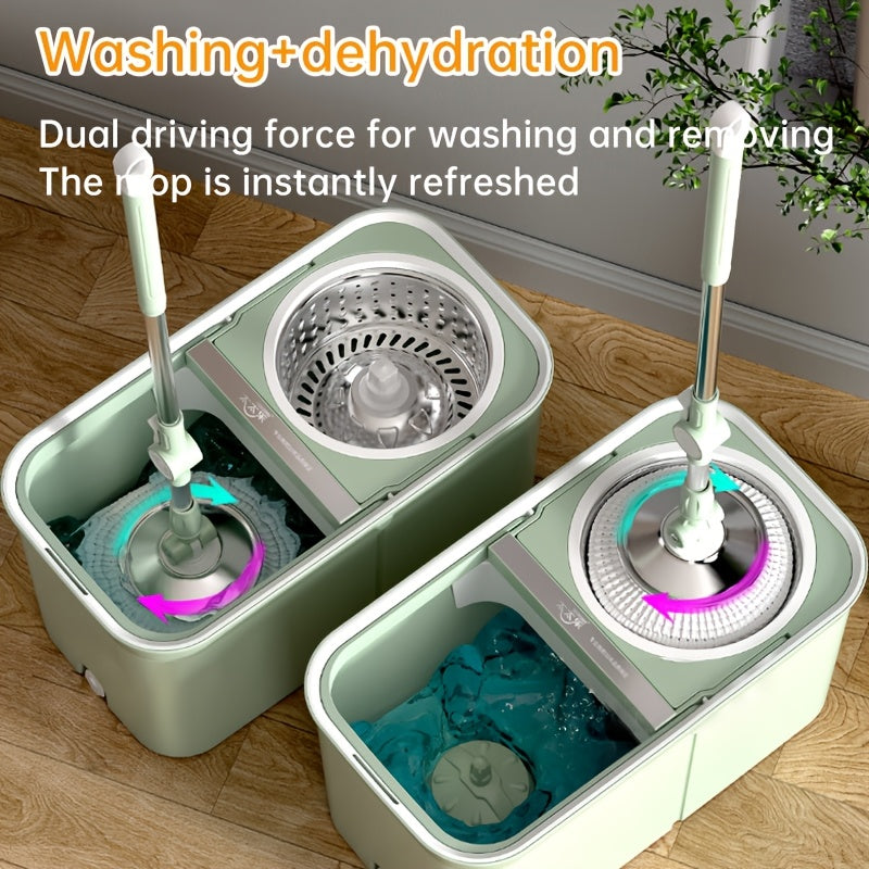 The Rotating Mop Bucket Set with Stainless Steel Rod, Three Mop Cloths, and Hands-Free Washing Design is perfect for households and ideal for use in the living room, kitchen, and bathroom. It is specially designed for those who prefer a more convenient