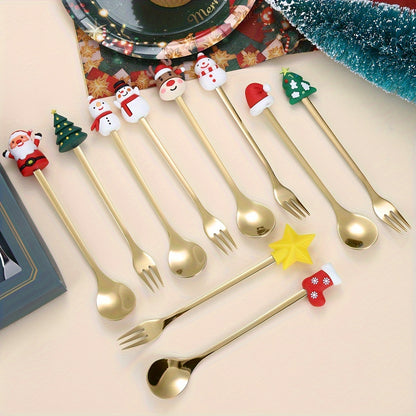 Set of 6 cute doll Christmas spoons, ideal as a Christmas gift. Includes spoons, forks, and coffee spoons featuring Christmas tree designs.