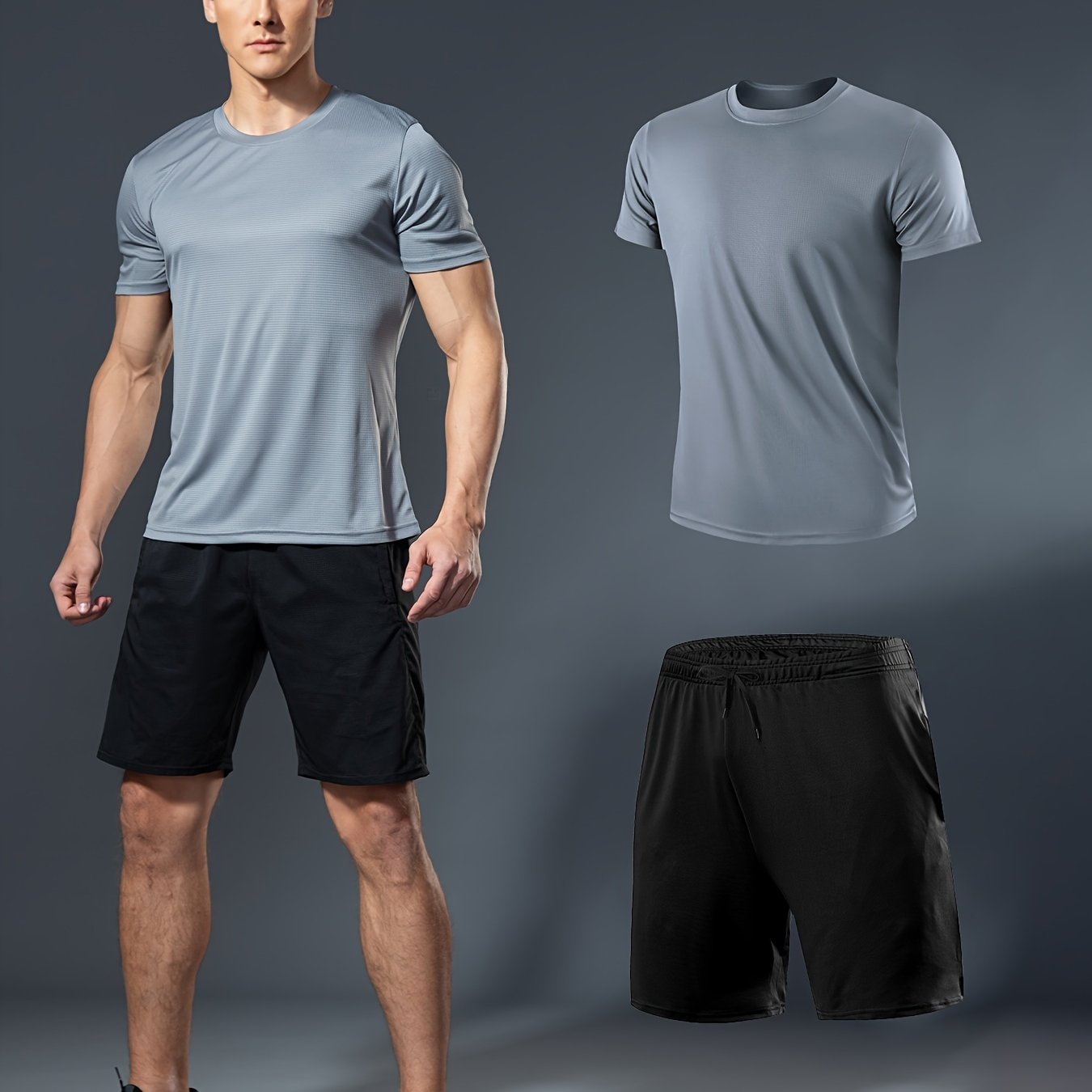 Summer men's fitness set includes white t-shirt and black shorts made of lightweight, quick-dry, breathable polyester for running, basketball training, and athletic wear.