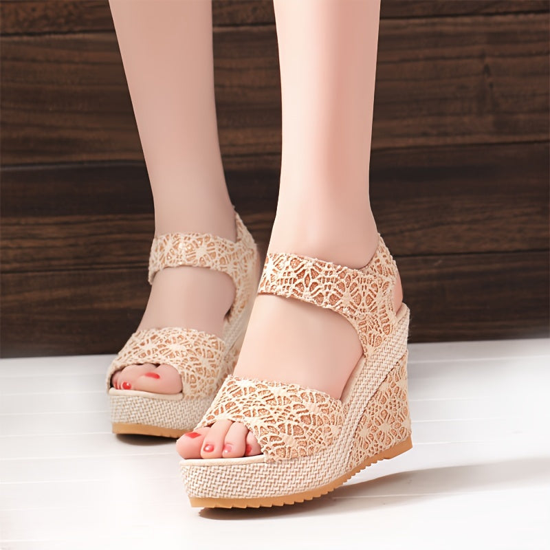 Beige lace platform sandals with round toe, high heel, hook & loop closure, synthetic upper & insole, rubber sole. Perfect for formal events.