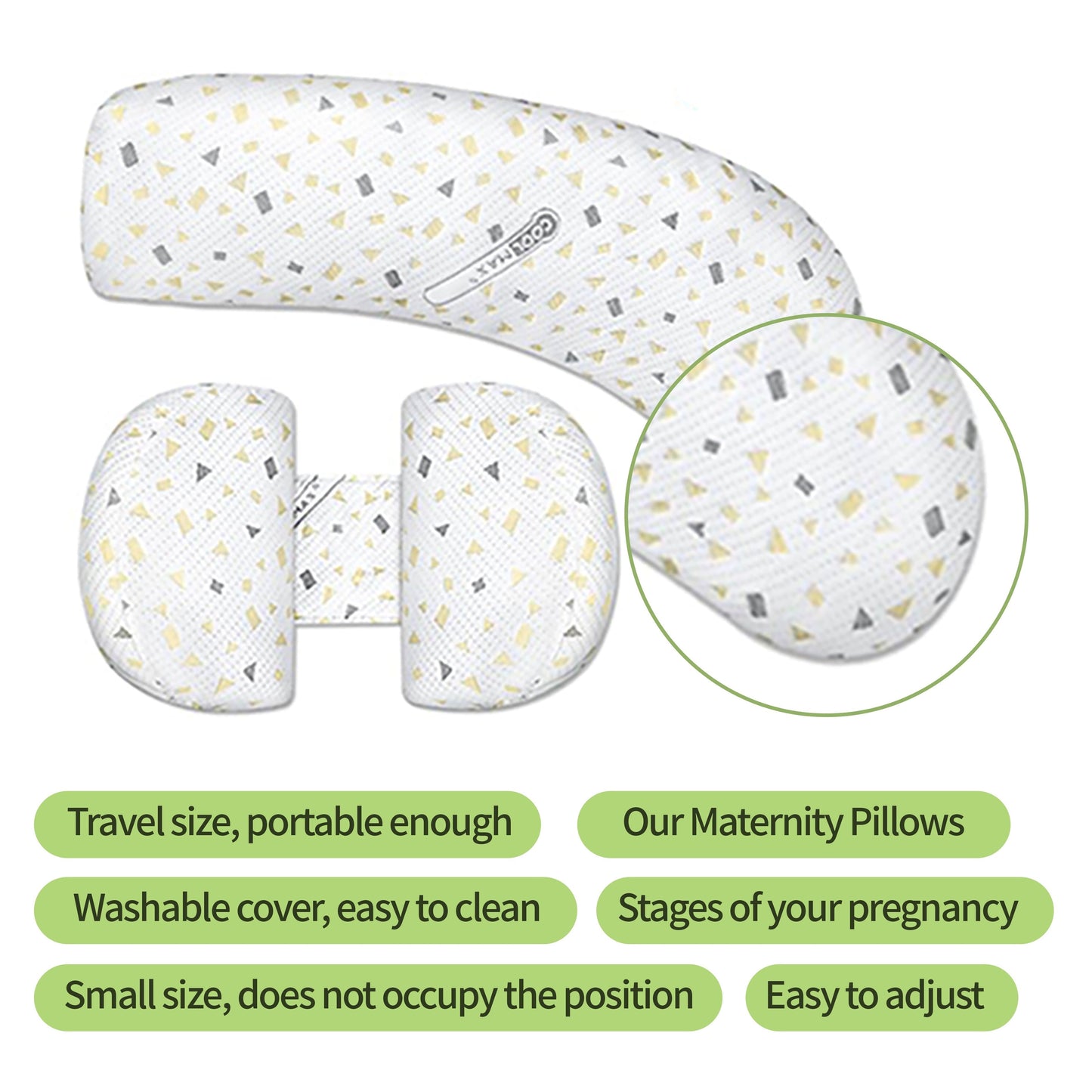 Extra firm U-shaped maternity pillow with hidden zipper for easy removal, breathable design for comfortable side sleeping, and removable pillowcase for added convenience. Features lumbar support cushion for added comfort.