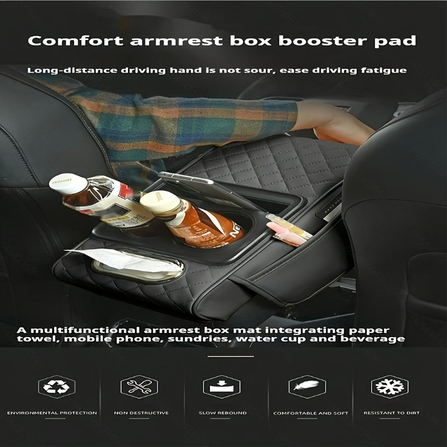 Luxurious PU leather armrest pad with cup holder, tissue box, and storage solutions for enhanced comfort and style.