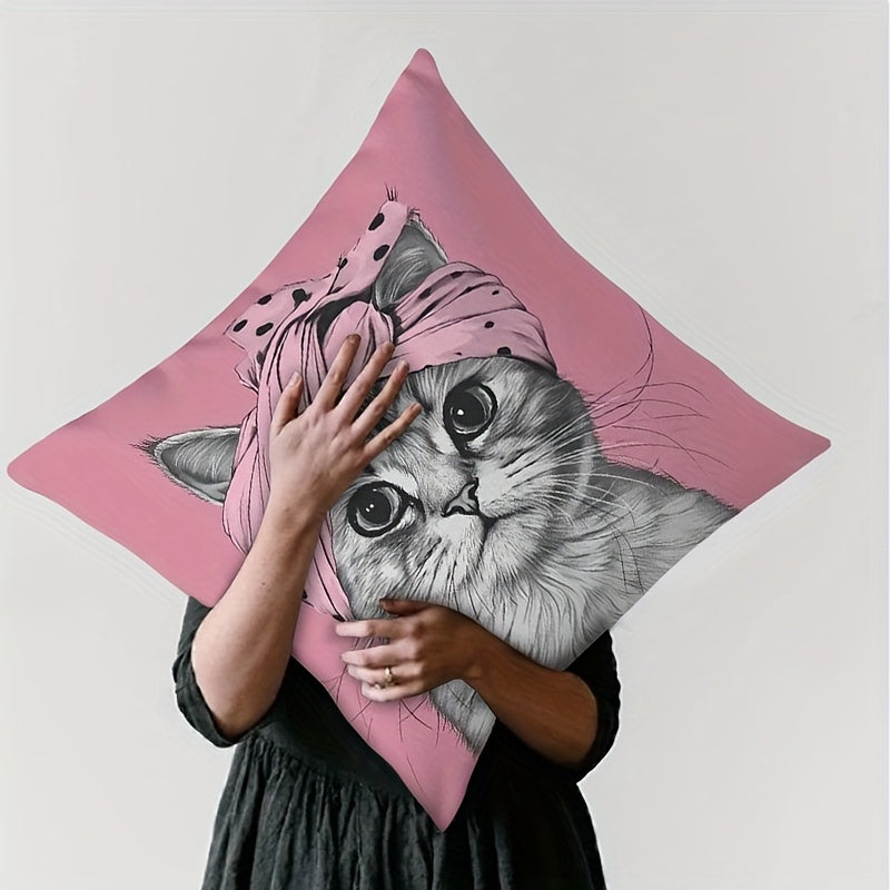 Reversible cat-themed throw pillow cover with pink turban design. Made of 100% polyester with zipper closure. Machine washable. Measures 45.72x45.72 cm. Perfect for bedroom, living room, and other rooms. 1pc, no insert included.