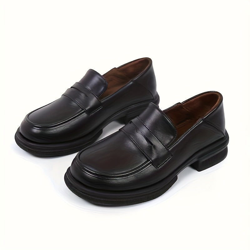 Huizhou-crafted black penny loafers for women, lightweight with rubber sole, round toe, solid color, no embellishments, suitable for all seasons.