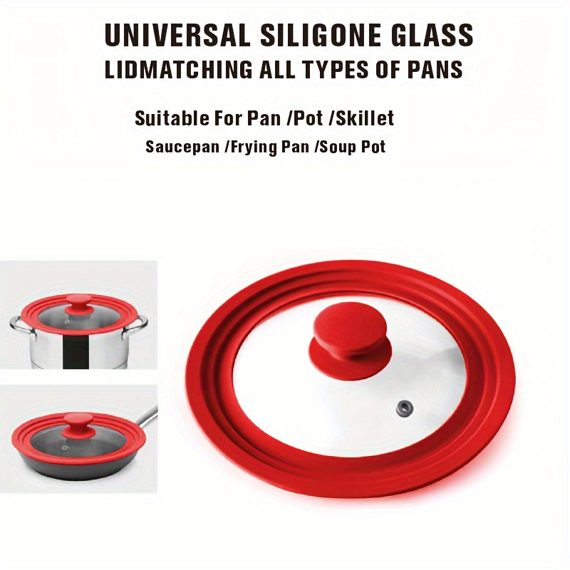 Multi-functional red silicone-rimmed glass lid designed for pots and skillets from 20.32cm to 27.94cm in diameter - can be safely cleaned in the dishwasher, features a non-slip knob, and is heat resistant.