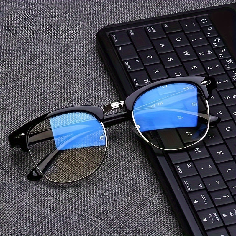 Chic black eyeglass frame for women with retro golden anti-blue light feature, clear transparent lenses, and eyebrow-shaped design, also suitable for men's computer glasses.