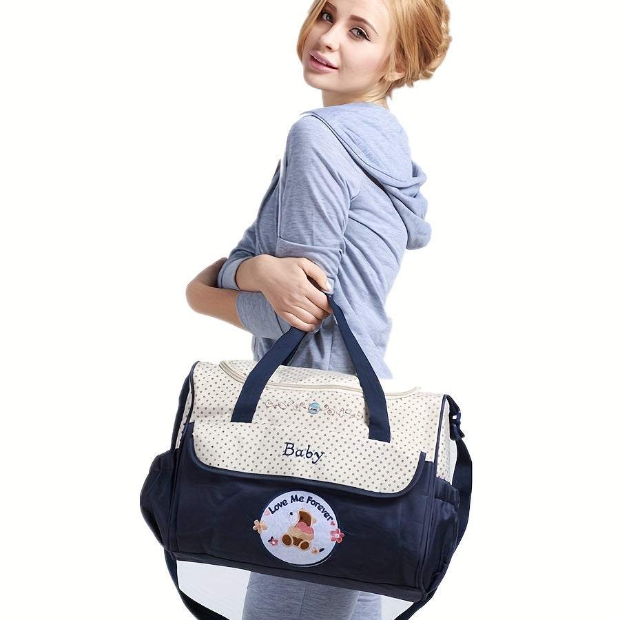 5-piece Mommy Bag Set including a Large Bag, Small Bag, Bottle Cover, Milk Powder Bag, and Diaper Pad. This multi-functional set features a large-capacity shoulder bag with a slant cross design, perfect for moms on-the-go with baby essentials.