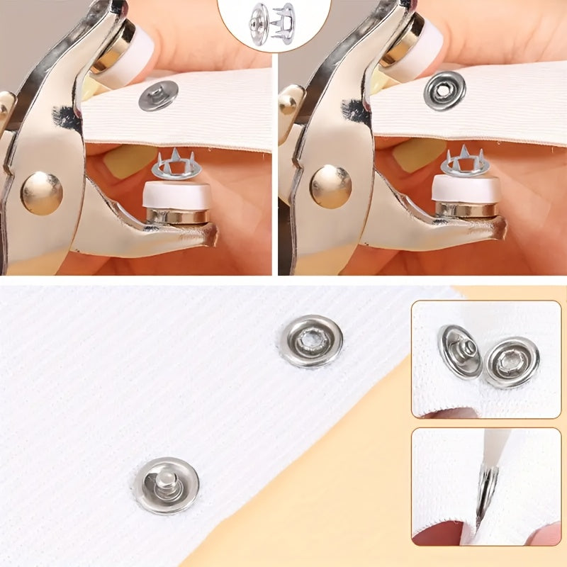 Set includes 200 metal sewing buttons and snap fastener pliers for easy clothes buckle installation.