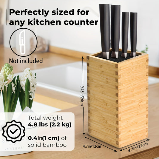 The Bamboo Knife Block is ideal for storing knives and scissors, with a perfect size that fits all types of blades. This unique knife stand for your counter top features an anti-slip base to keep it securely in place. (Knives not included)