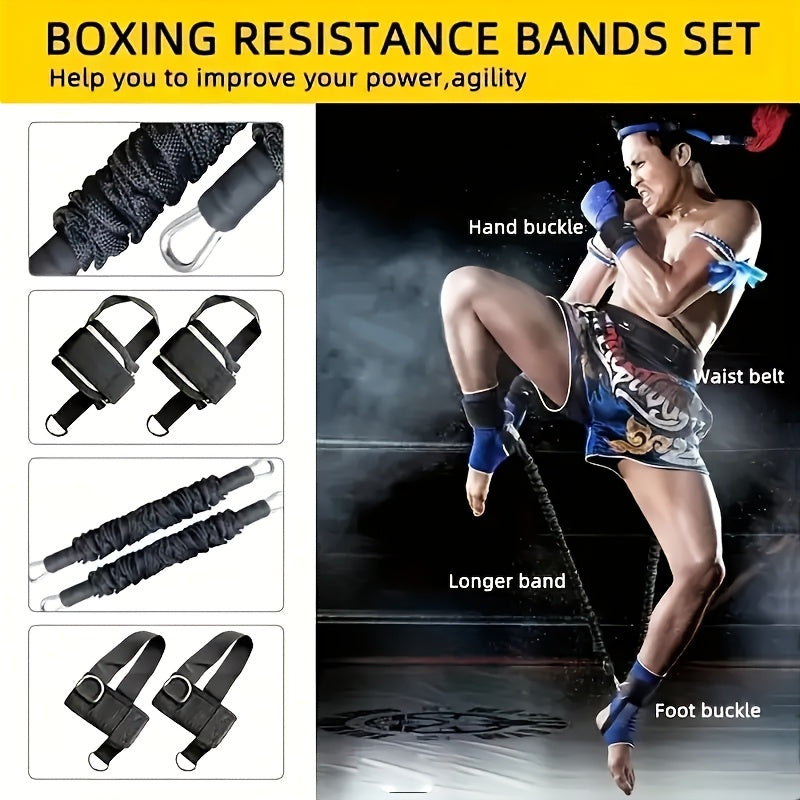 12pcs heavy duty MMA boxing resistance bands set for full body workout, strength/speed/agility improvement, suitable for Taekwondo and indoor fitness. Great for leg and arm training, adult