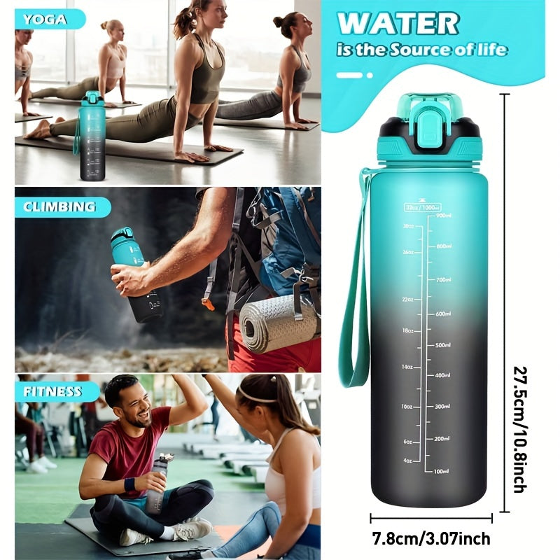 Durable 1L sports water bottle with straw, BPA-free, time marker for various activities.