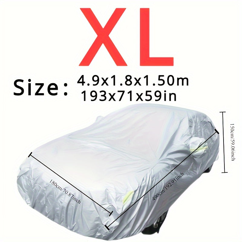 Car cover with UV and dust protection, suitable for cars, pickups, SUVs, and hatchbacks. Features reflective strip for added protection. Suitable for outdoor use.