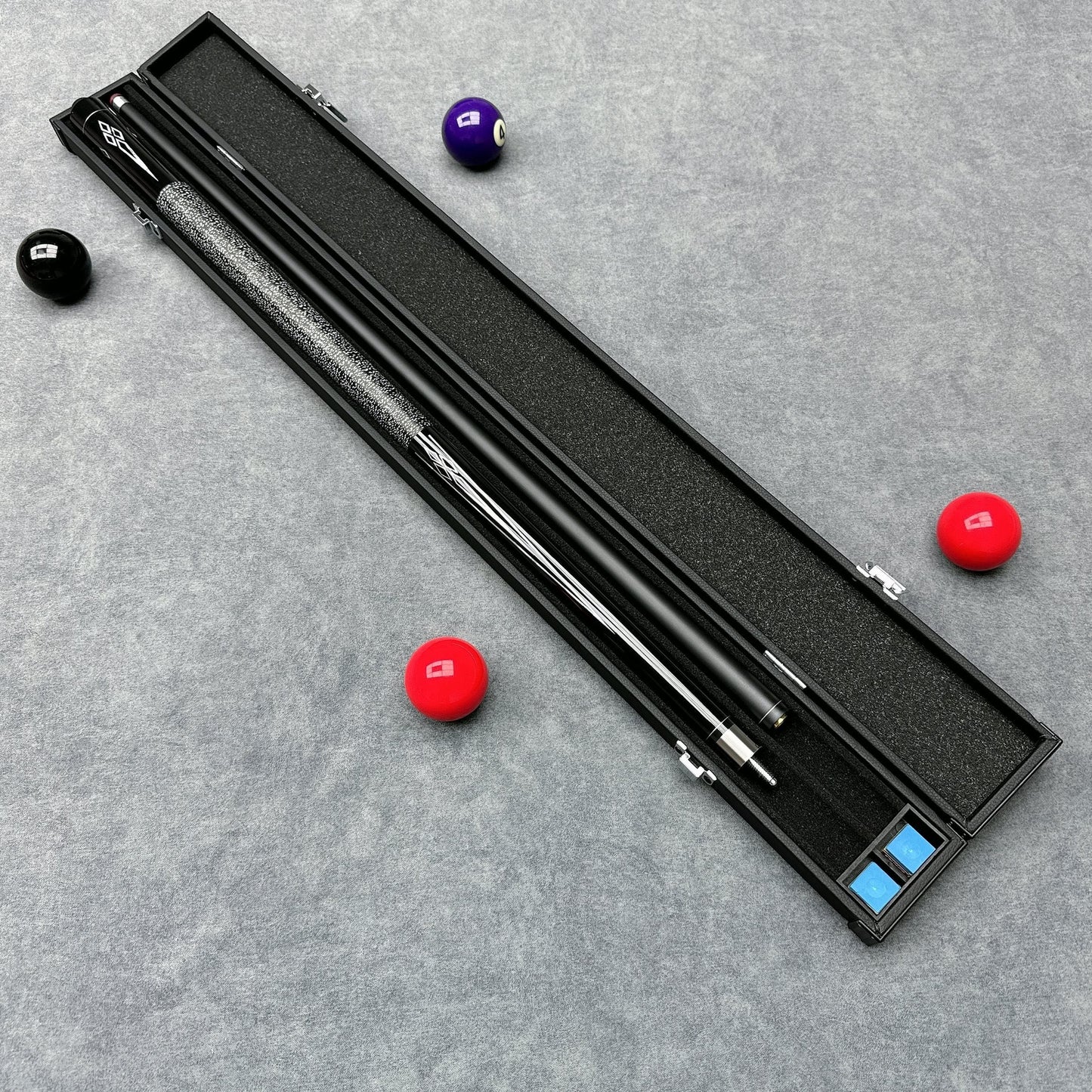 Billiard Cue Set includes 1 premium cue, 1 high-quality cue box, and 2 pieces of gun powder. The cue features a carbon forearm, non-slip line grip, and excellent hitting effect. Length