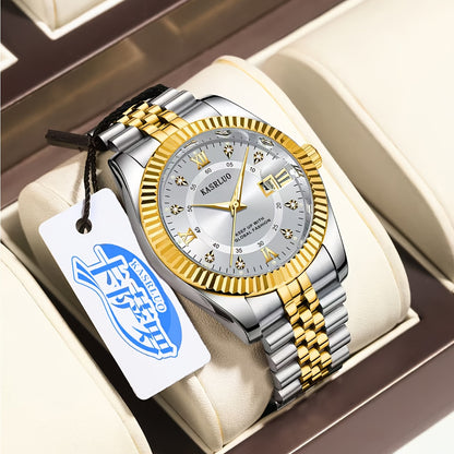 Elegant men's quartz watch with luminous date display, gold-tone stainless steel band, rhinestone detailing, and battery operation.