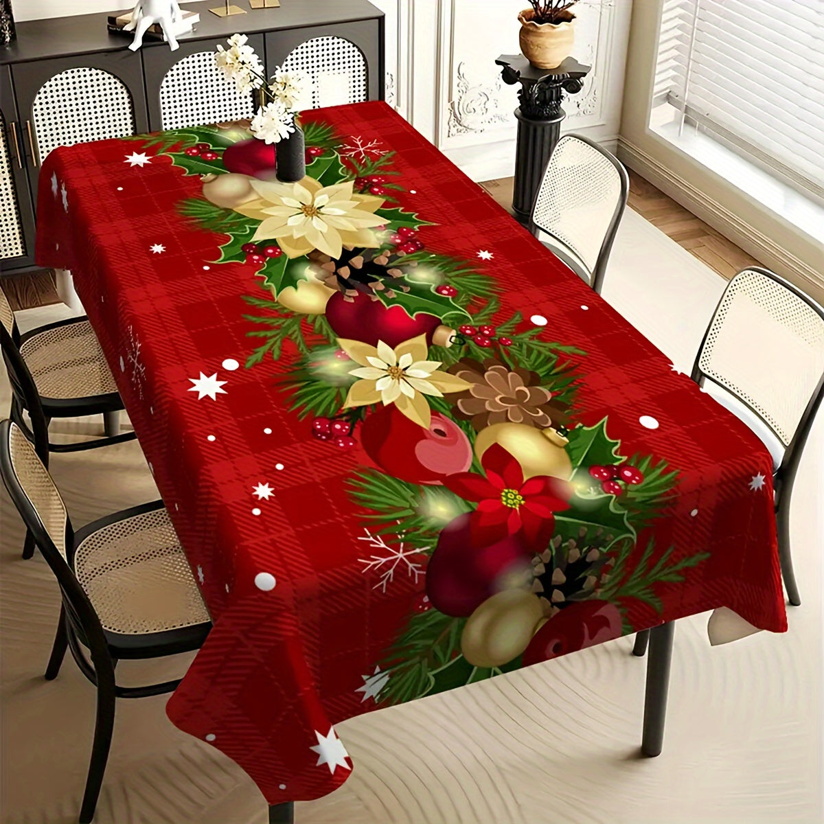 Stain-resistant party tablecloth with festive holiday design, machine washable and easy to clean.